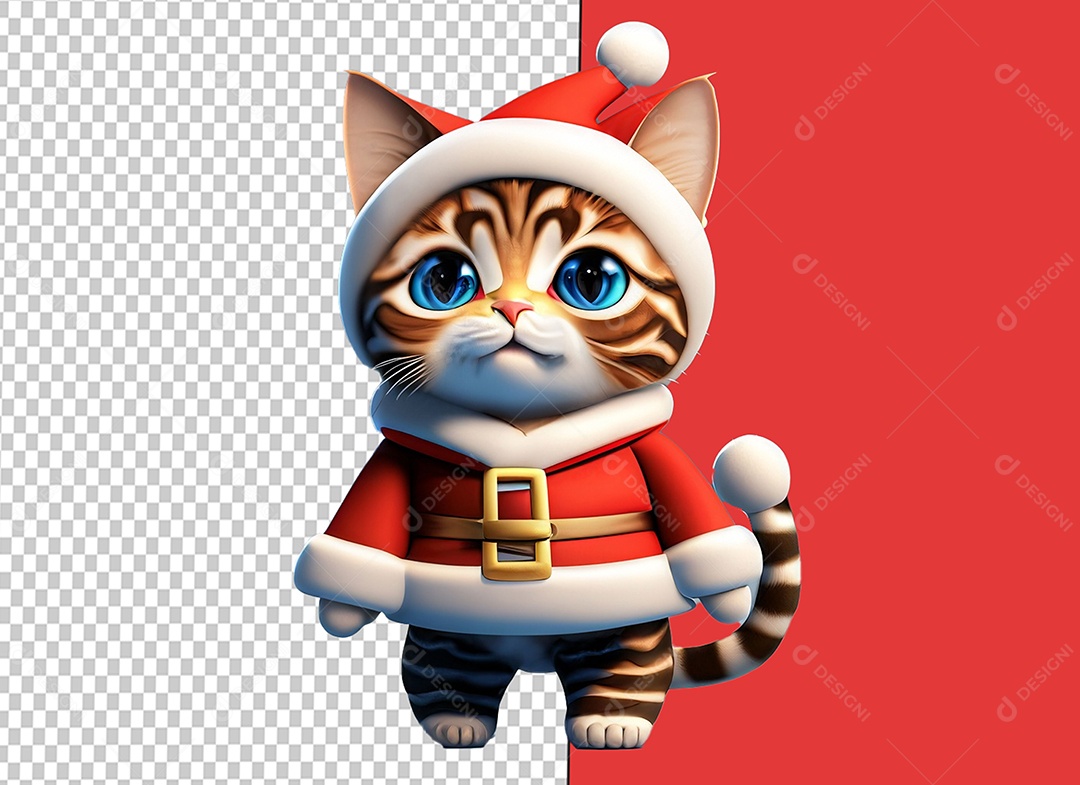 Elemento 3D Gato Fofo Vestido de Papai Noel de Natal para Composição PSD