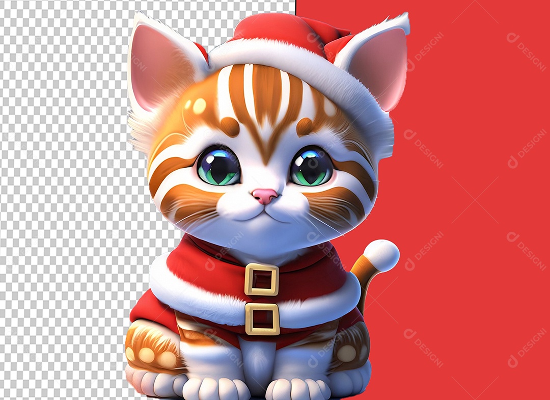 Gato Fofo Vestido de Papai Noel Elemento 3D de Natal para Composição PSD