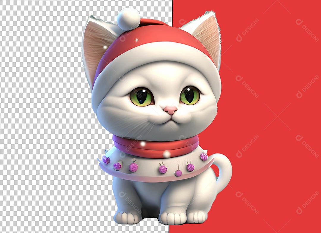 Gato Fofo com Chapéu do Papai Noel Elemento 3D de Natal para Composição PSD