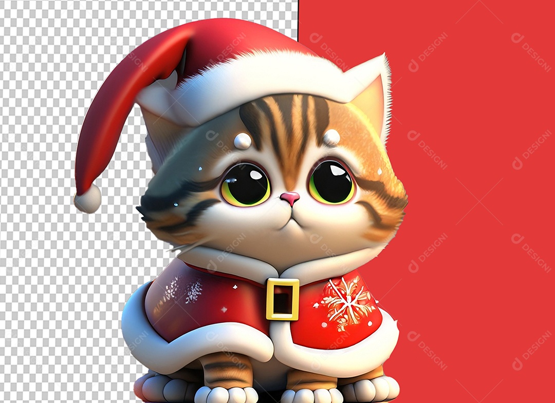 Elemento 3D Gato Fofo Vestido de Papai Noel de Natal para Composição PSD