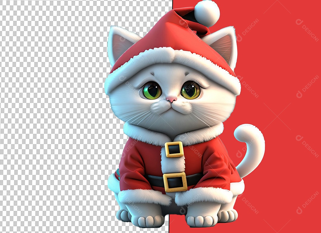 Gato Fofo Vestido de Papai Noel Elemento 3D de Natal para Composição PSD