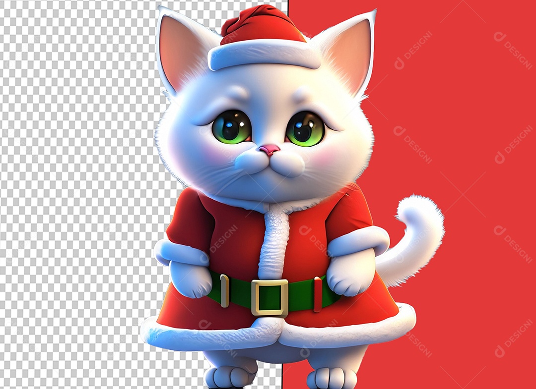 Gato Fofo Vestido de Papai Noel Elemento 3D de Natal para Composição PSD
