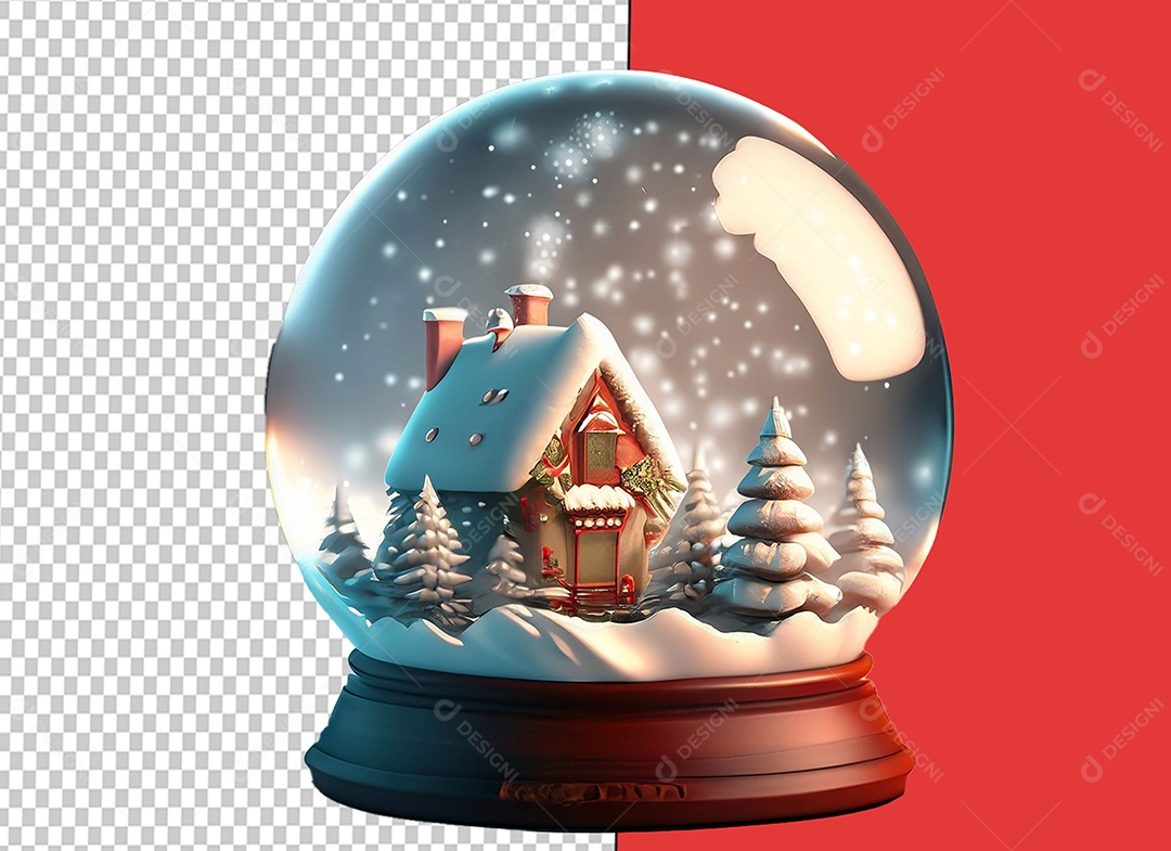 Globo de Neve com Casa Decorada de Natal e Árvores com Neve Decoração Natalina Elemento 3D para Composição PSD