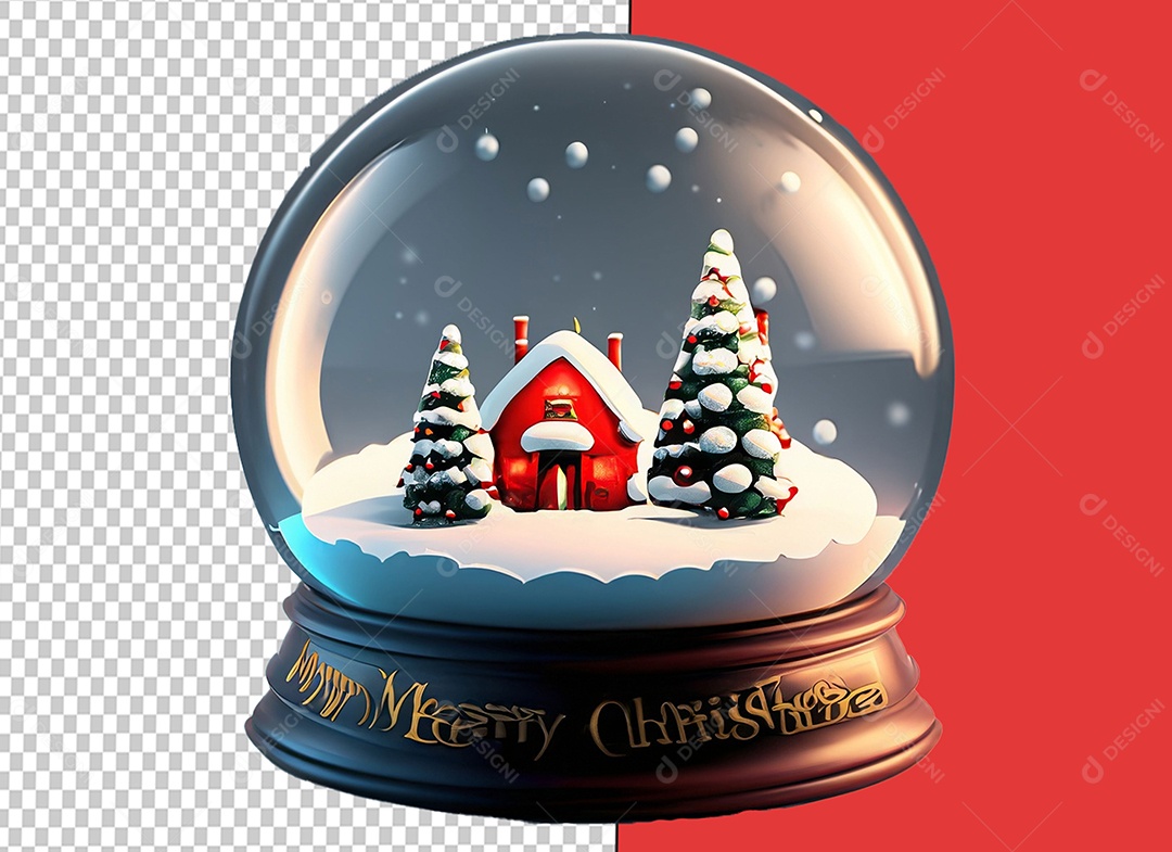 Globo de Neve com Casa Decorada de Natal e Árvores Decoração Natalina Elemento 3D para Composição PSD