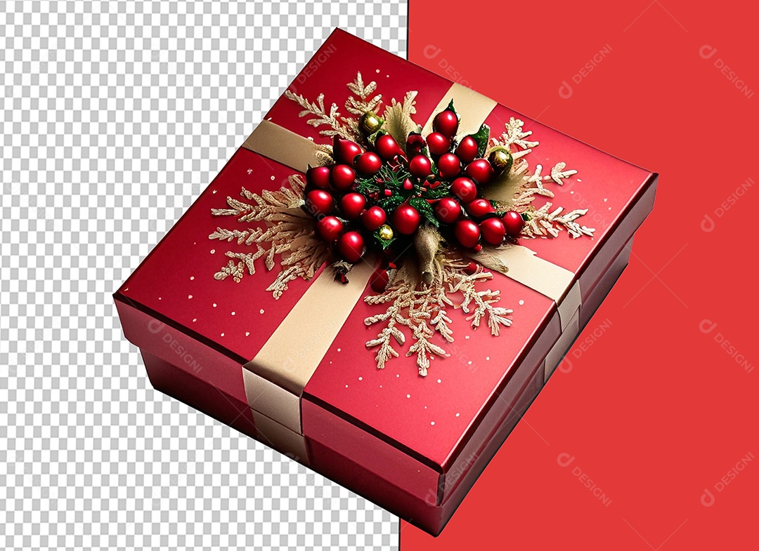 Caixa de Presente de Natal Vermelha com Decoração Elemento 3D para Composição PSD
