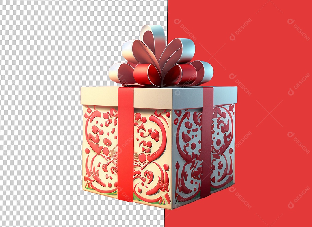 Caixa de Presente de Natal Branca com Laço Vermelho Elemento 3D para Composição PSD