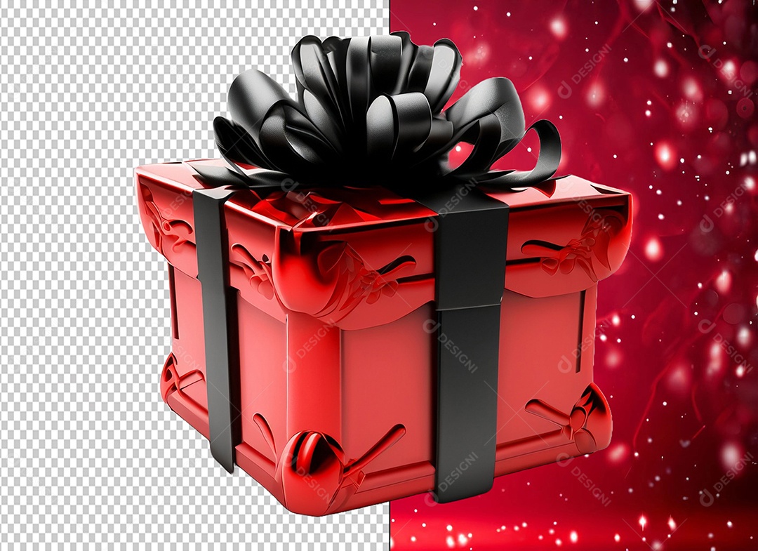 Caixa de Presente de Natal Vermelha com Laço Preto Elemento 3D para Composição PSD
