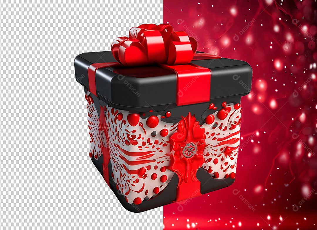 Caixa de Presente de Natal Preta com Laço Vermelho e Desenhos Brancos Elemento 3D para Composição PSD