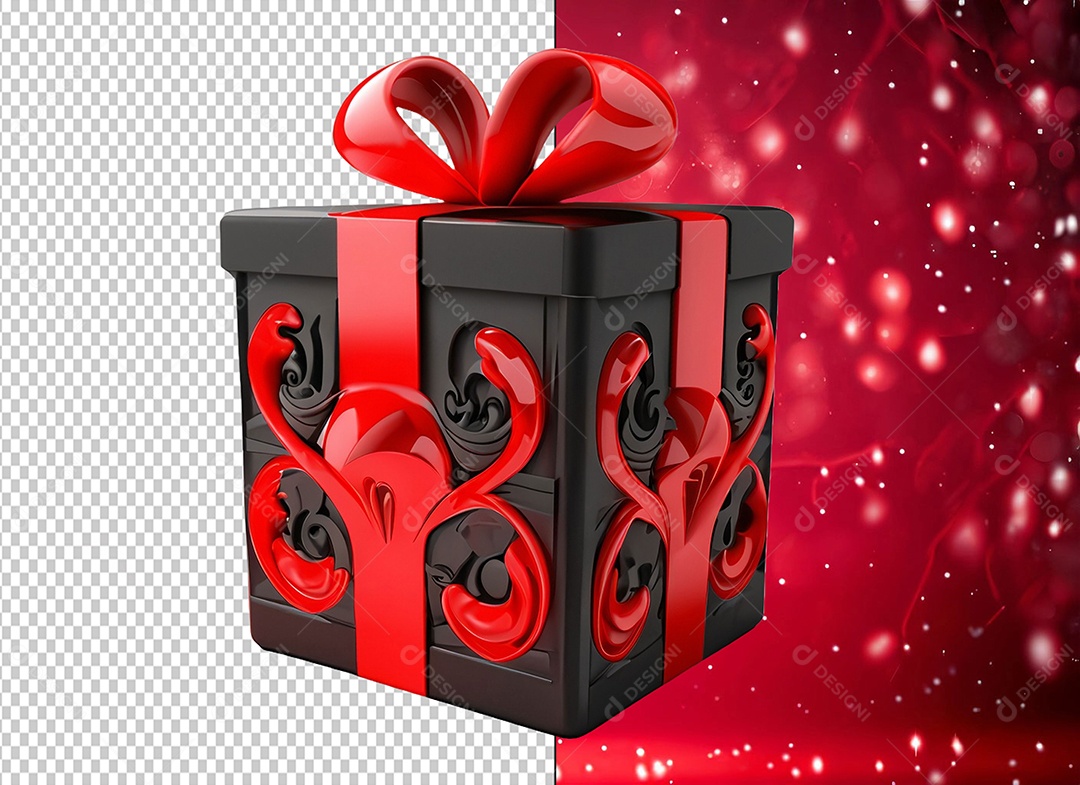Caixa de Presente de Natal Preta com Laço Vermelho Elemento 3D para Composição PSD