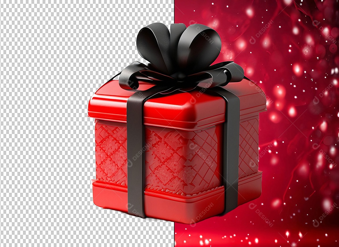 Caixa de Presente de Natal Vermelha com Laço  Preto Elemento 3D para Composição PSD
