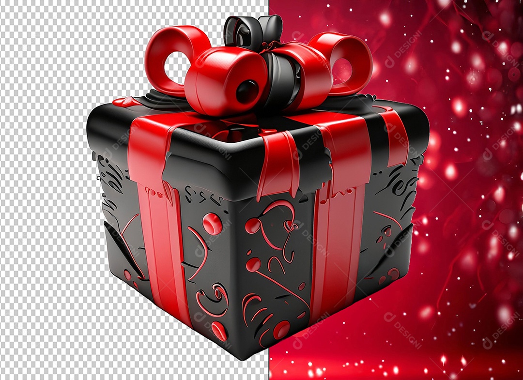 Caixa de Presente de Natal Preta com Laço Vermelho Elemento 3D para Composição PSD