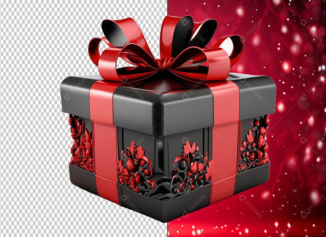 Caixa de Presente de Natal Preta com Laço Vermelho Elemento 3D para Composição PSD