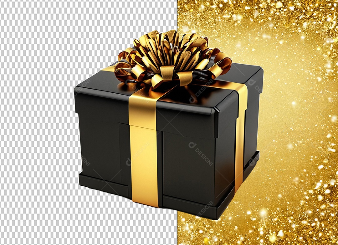 Elemento 3D Caixa de Presente de Natal Preta e Dourada para Composição PSD