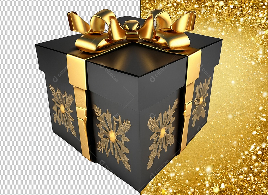 Elemento 3D Caixa de Presente de Natal Preta e Dourada para Composição PSD