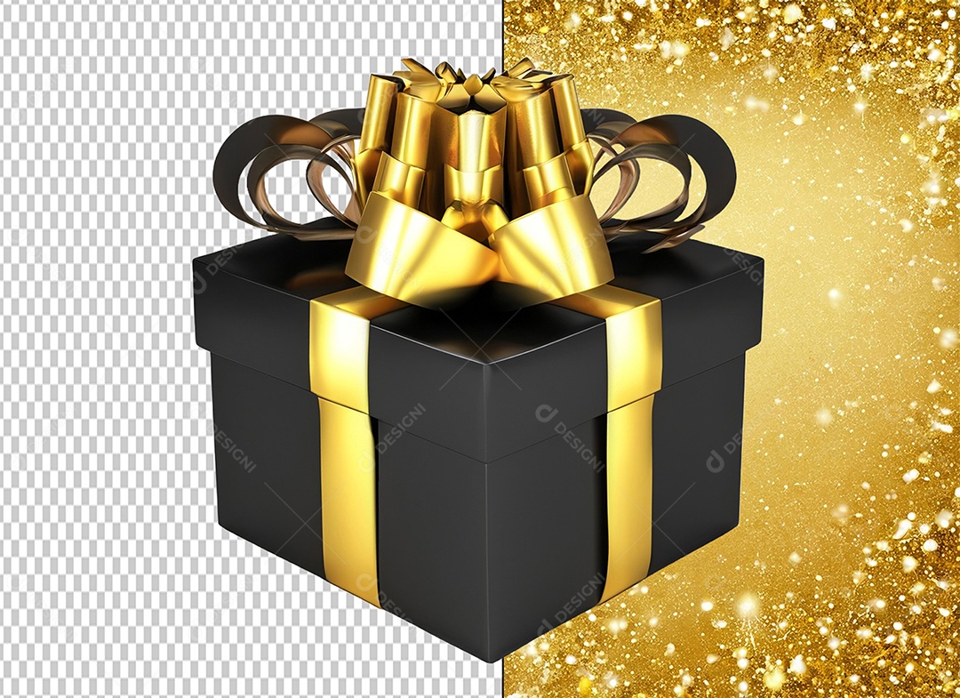 Elemento 3D Caixa de Presente de Natal Preta e Dourada para Composição PSD