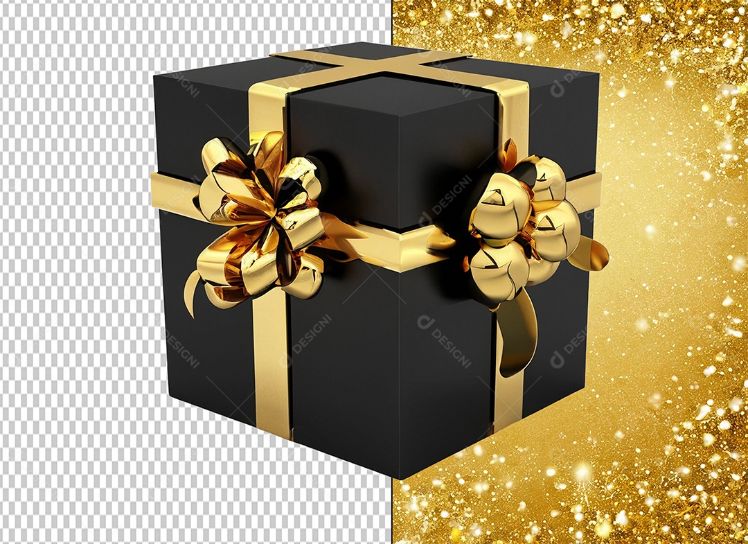 Elemento 3D Caixa de Presente de Natal Preta e Dourada para Composição PSD