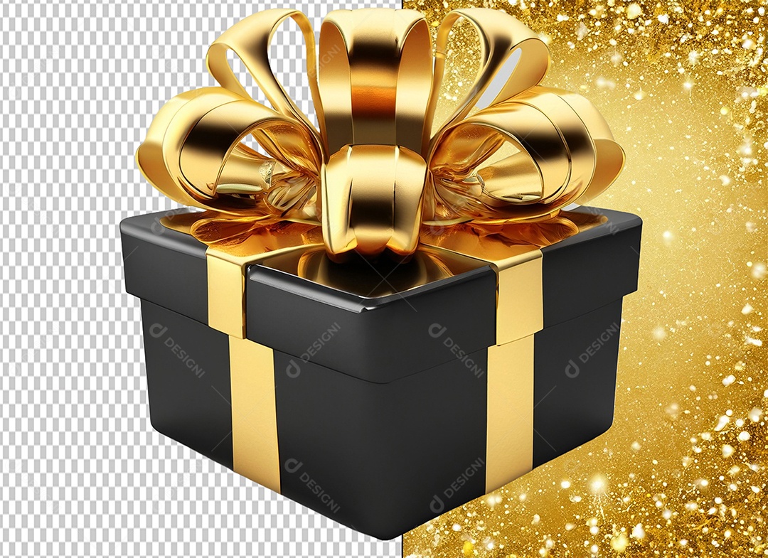 Elemento 3D Caixa de Presente de Natal Preta com Laço e Dourado para Composição PSD