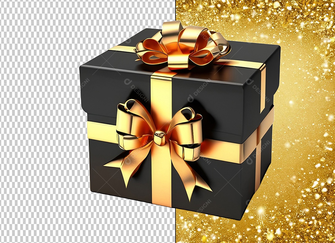 Elemento 3D Caixa de Presente de Natal Preta com Laço e Dourado para Composição PSD