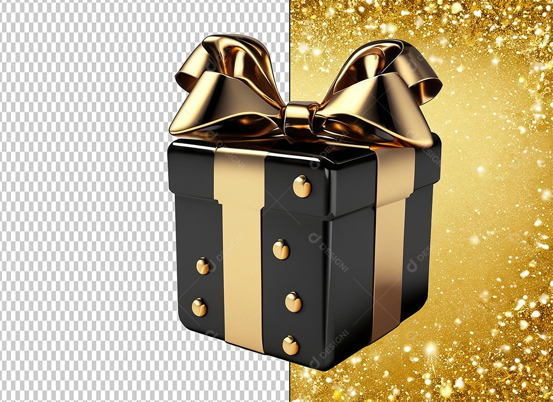 Elemento 3D Caixa de Presente de Natal Preta com Laço e Dourado para Composição PSD