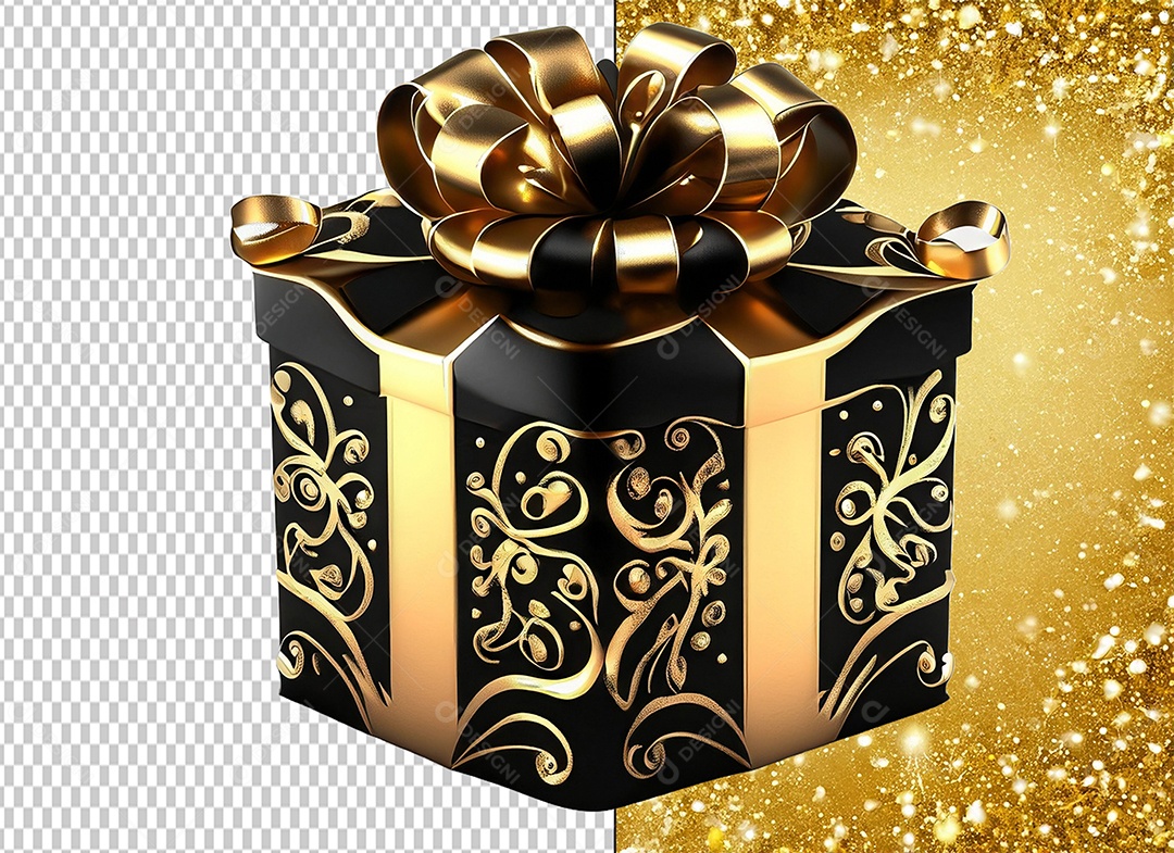 Elemento 3D Caixa de Presente de Natal Preta com Laço e Dourado para Composição PSD