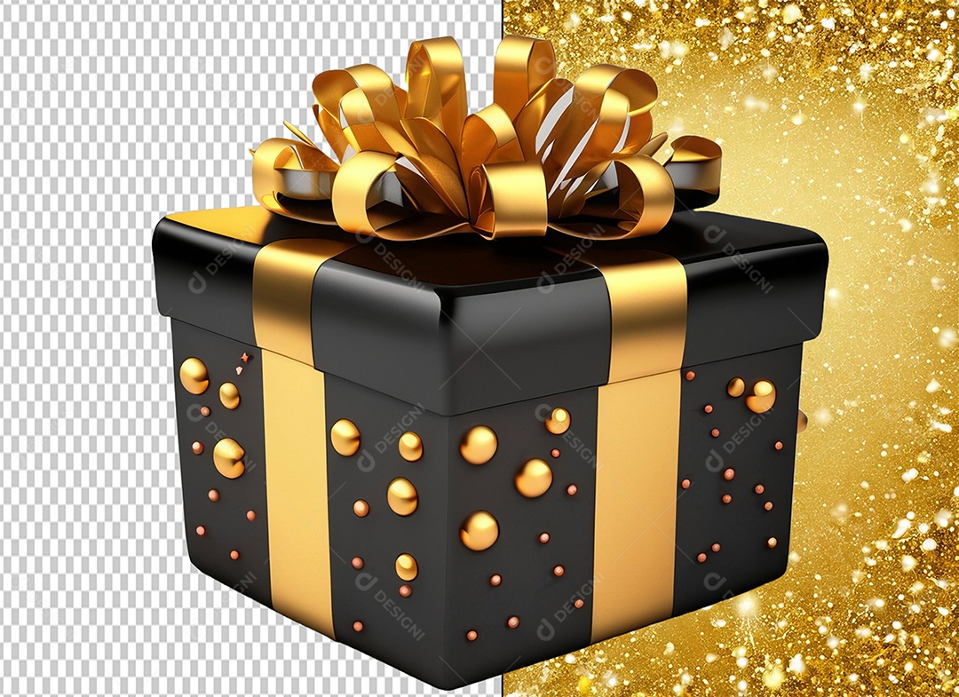 Elemento 3D Caixa de Presente de Natal Preta com Laço e Dourado para Composição PSD