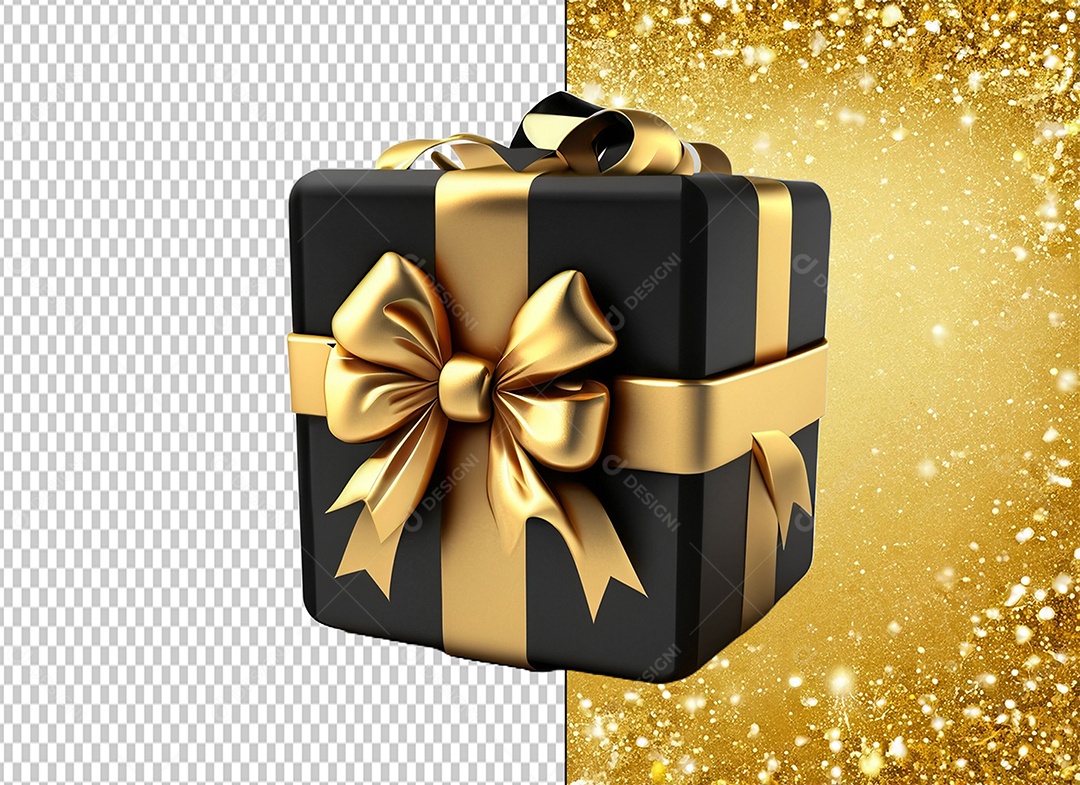 Elemento 3D Caixa de Presente de Natal Preta com Laço e Dourado para Composição PSD