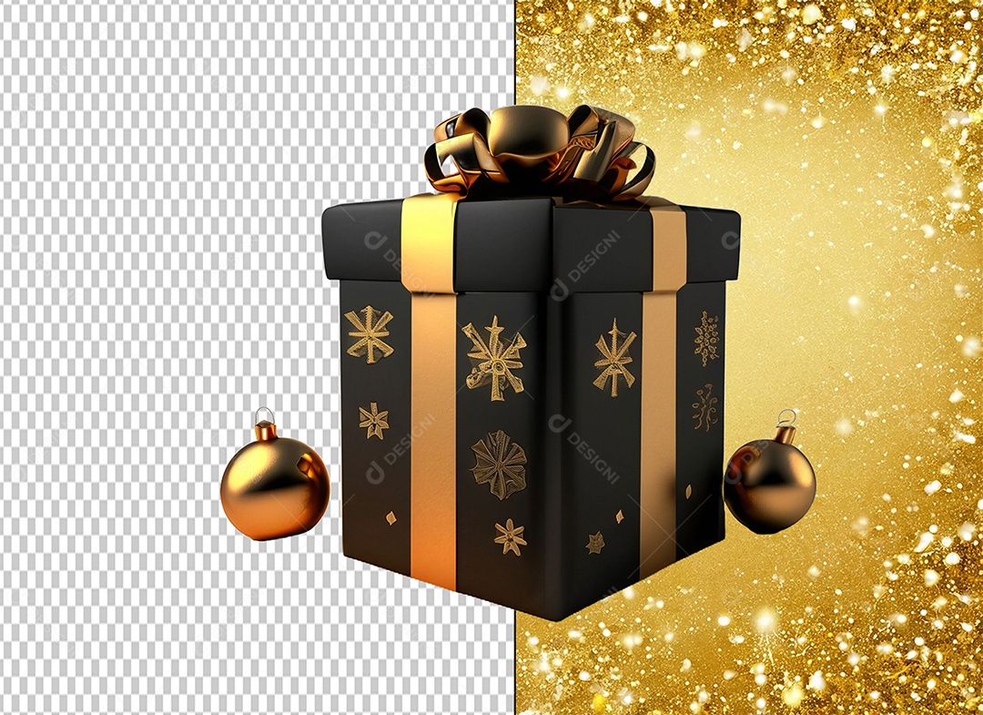 Caixa de Presente de Natal Preta com Laço e Desenhos Dourado Elemento 3D para Composição PSD