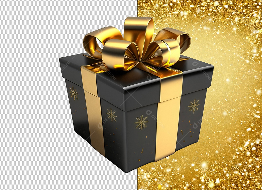 Caixa de Presente de Natal Preta com Laço e Desenhos Dourado Elemento 3D para Composição PSD