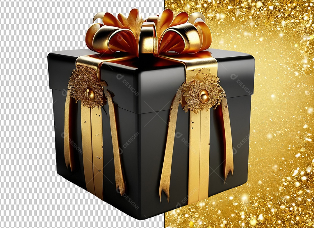 Caixa de Presente de Natal Preta com Laço e Desenhos Dourado Elemento 3D para Composição PSD