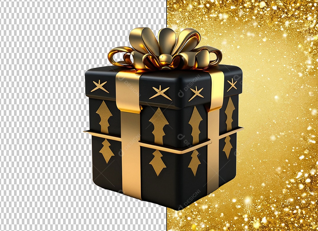 Caixa de Presente de Natal Preta com Laço e Desenhos Dourado Elemento 3D para Composição PSD