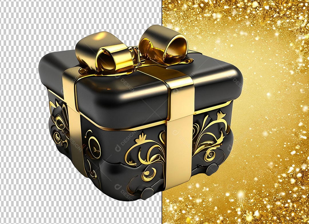 Caixa de Presente de Natal Preta com Laço Dourado Elemento 3D para Composição PSD