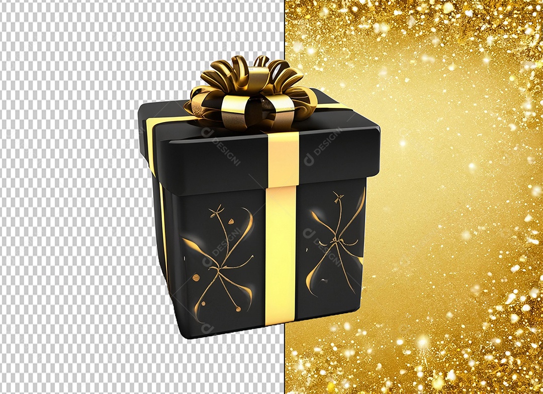 Caixa de Presente de Natal Preta com Laço Dourado Elemento 3D para Composição PSD