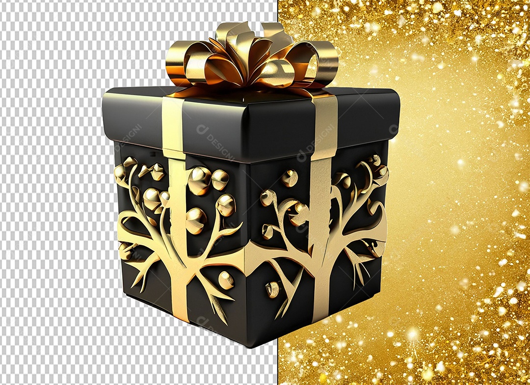 Caixa de Presente de Natal Preta com Laço Dourado Elemento 3D para Composição PSD