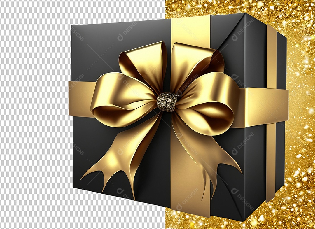 Caixa de Presente de Natal Preta com Laço Dourado Elemento 3D para Composição PSD