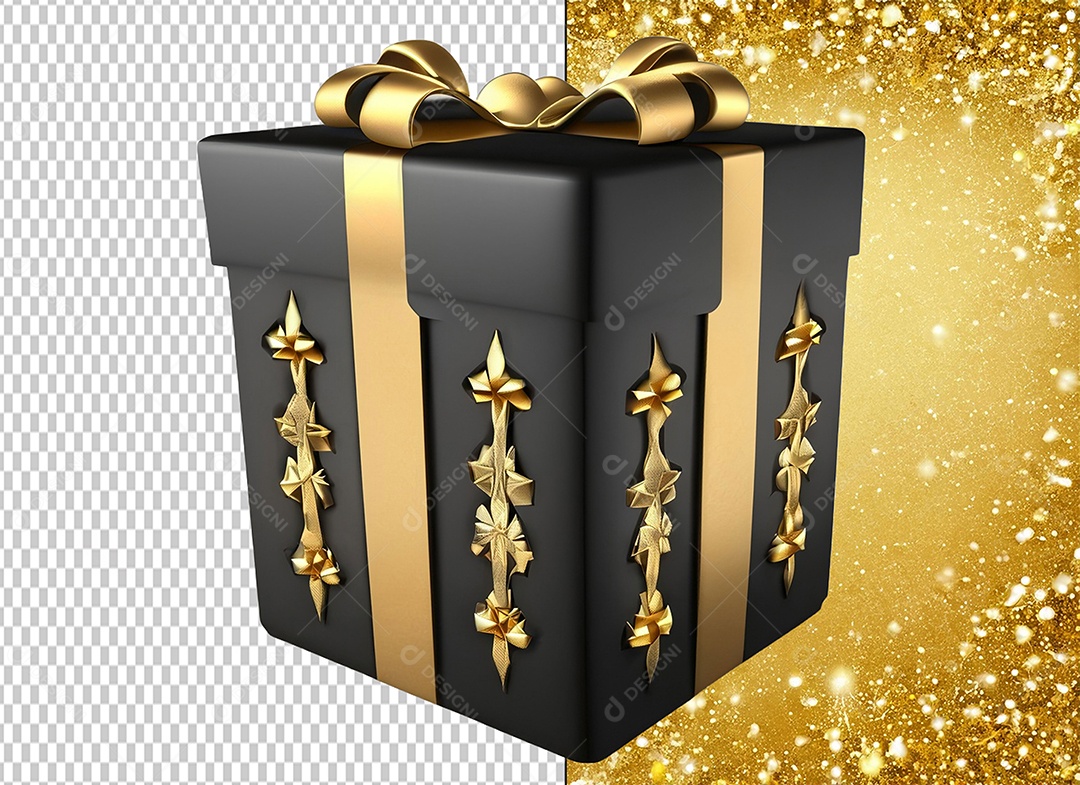 Caixa de Presente de Natal Preta com Laço Dourado Elemento 3D para Composição PSD