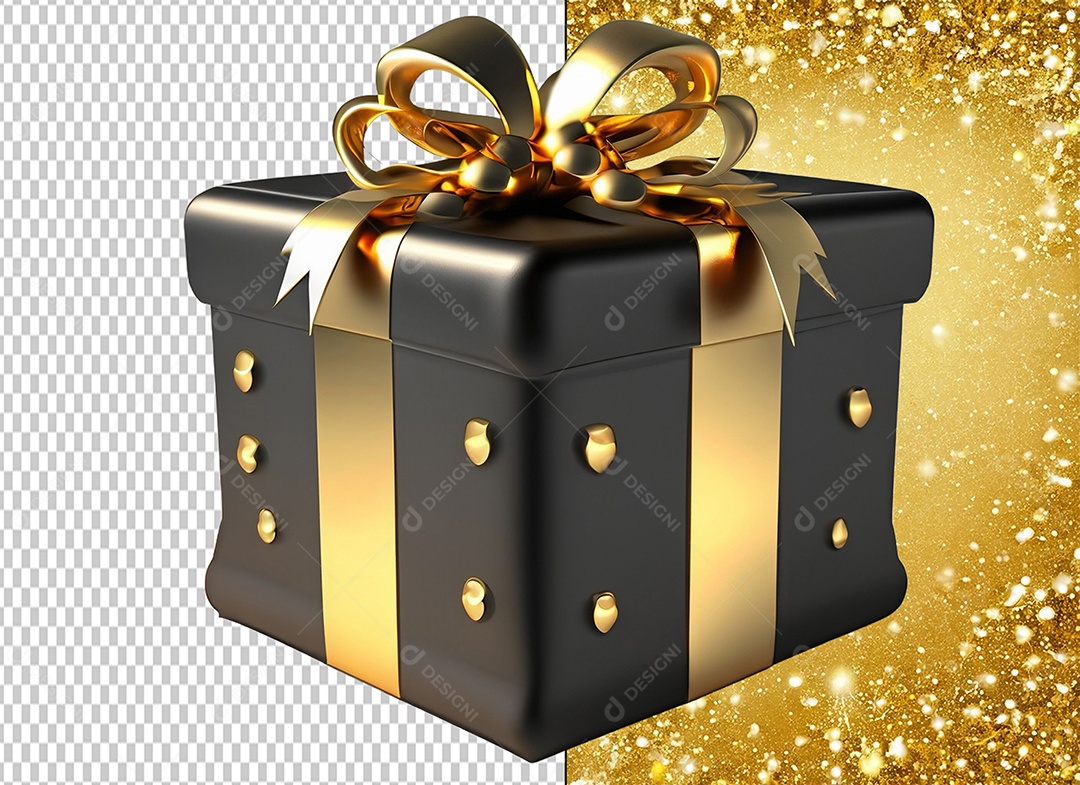 Caixa de Presente de Natal Preta com Laço Dourado Elemento 3D para Composição PSD