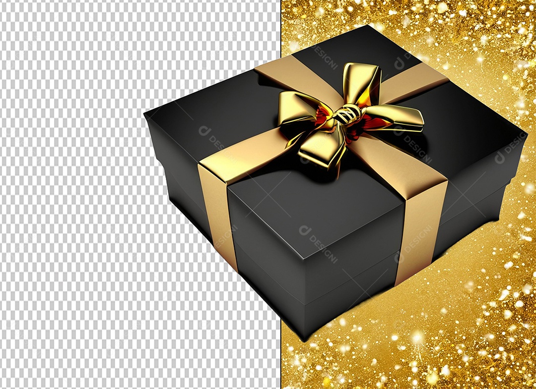 Elemento 3D Caixa de Presente de Natal Preta com Laço Dourado para Composição PSD