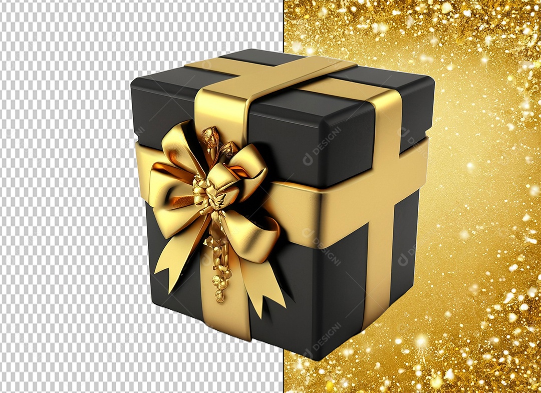 Elemento 3D Caixa de Presente de Natal Preta com Laço Dourado para Composição PSD