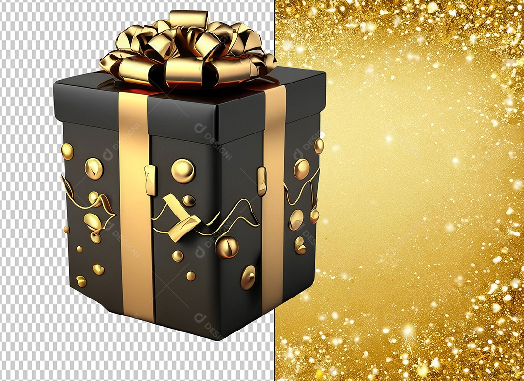 Elemento 3D Caixa de Presente de Natal Preta com Laço Dourado para Composição PSD