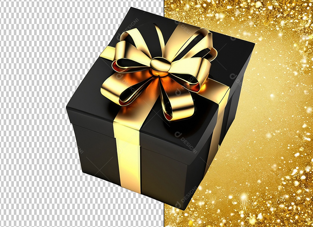 Elemento 3D Caixa de Presente de Natal Preta com Laço Dourado para Composição PSD