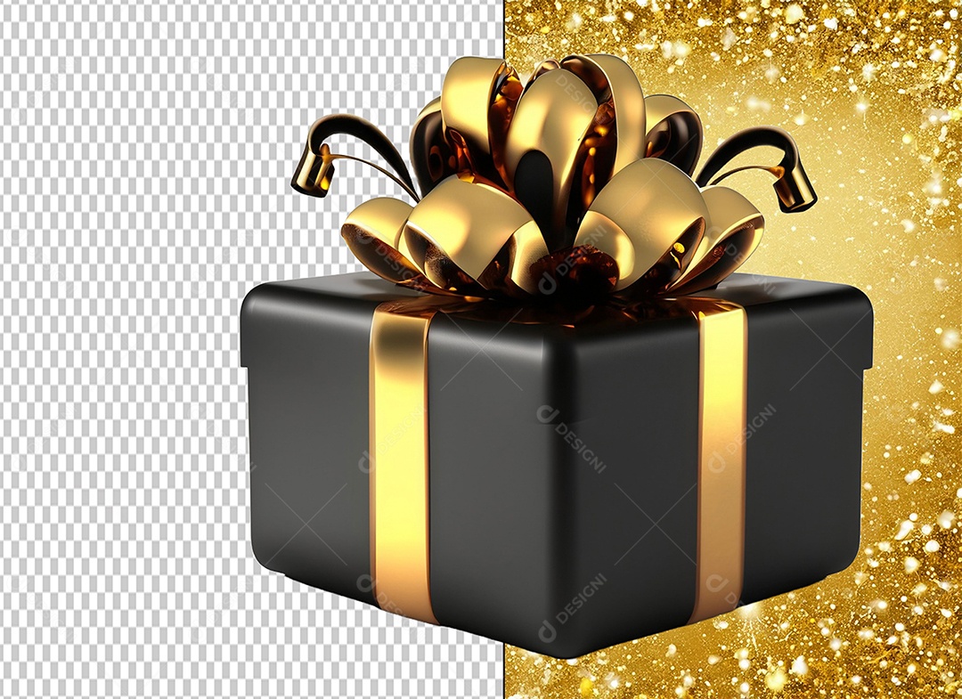 Elemento 3D Caixa de Presente de Natal Preta com Laço Dourado para Composição PSD