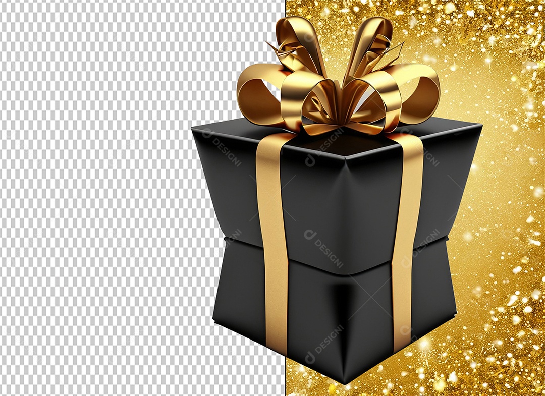 Elemento 3D Caixa de Presente de Natal Preta com Laço Dourado para Composição PSD