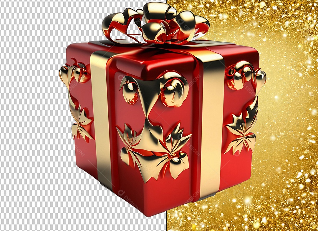 Elemento 3D Caixa de Presente de Natal Vermelho com Laço Dourado para Composição PSD