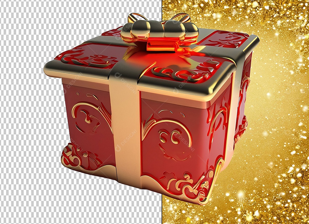 Elemento 3D Caixa de Presente de Natal Vermelho com Laço Dourado para Composição PSD