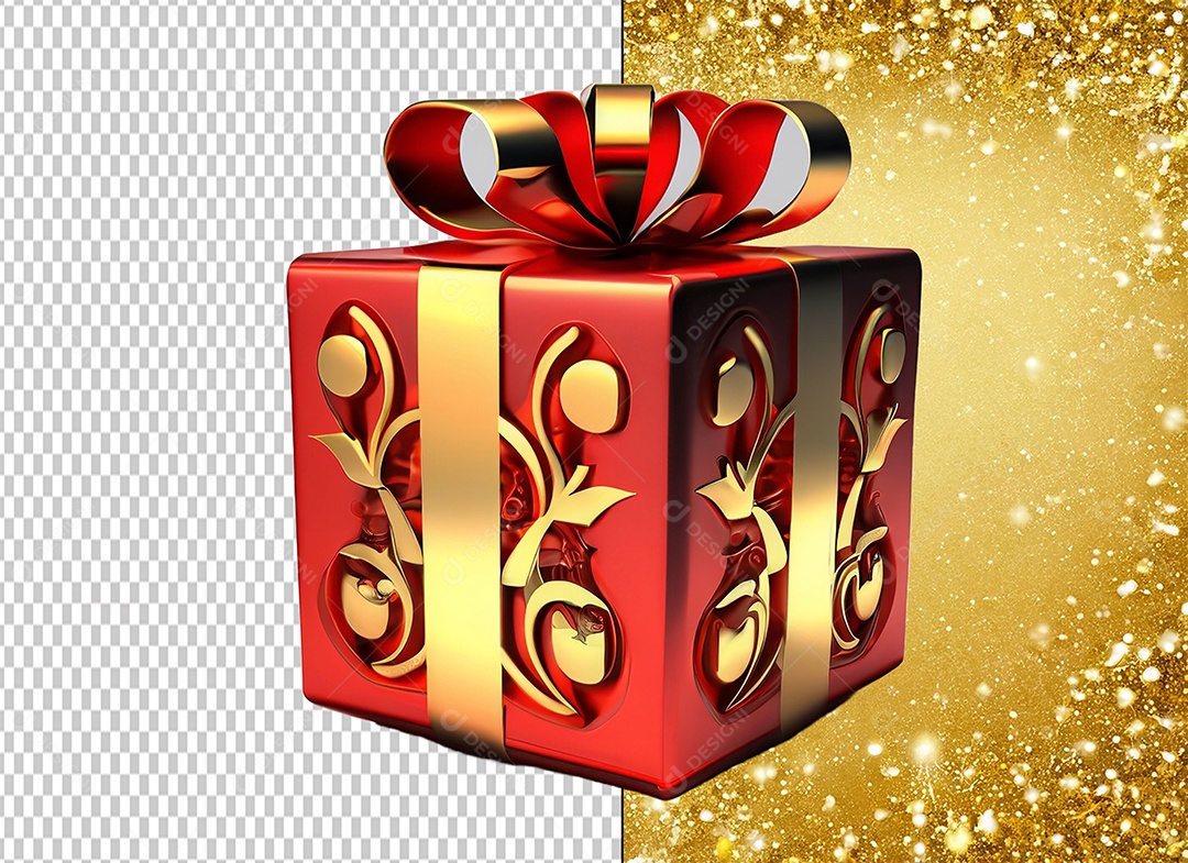 Elemento 3D Caixa de Presente de Natal Vermelho com Laço Dourado para Composição PSD
