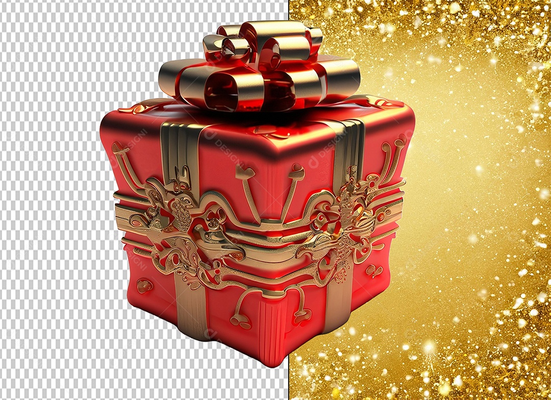 Elemento 3D Caixa de Presente de Natal Vermelho com Laço Dourado para Composição PSD
