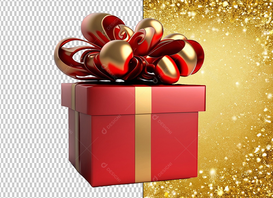 Caixa de Presente de Natal Vermelho com Laço Dourado Elemento 3D para Composição PSD
