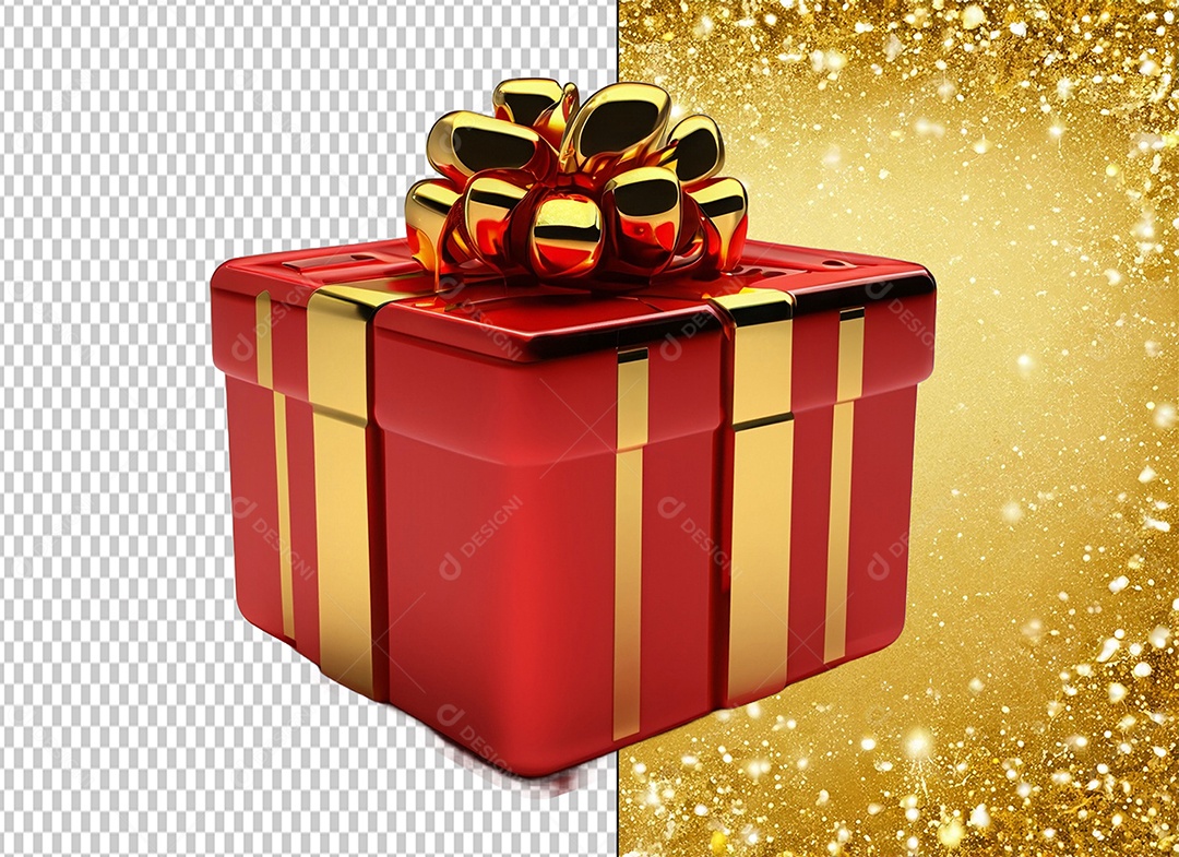 Caixa de Presente de Natal Vermelho com Laço Dourado Elemento 3D para Composição PSD