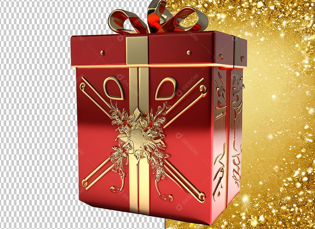 Caixa de Presente de Natal Vermelho com Laço Dourado Elemento 3D para Composição PSD