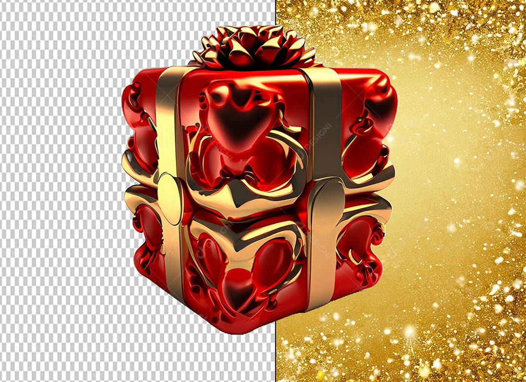 Elemento 3D Caixa de Presente de Natal Vermelho e Dourado para Composição PSD